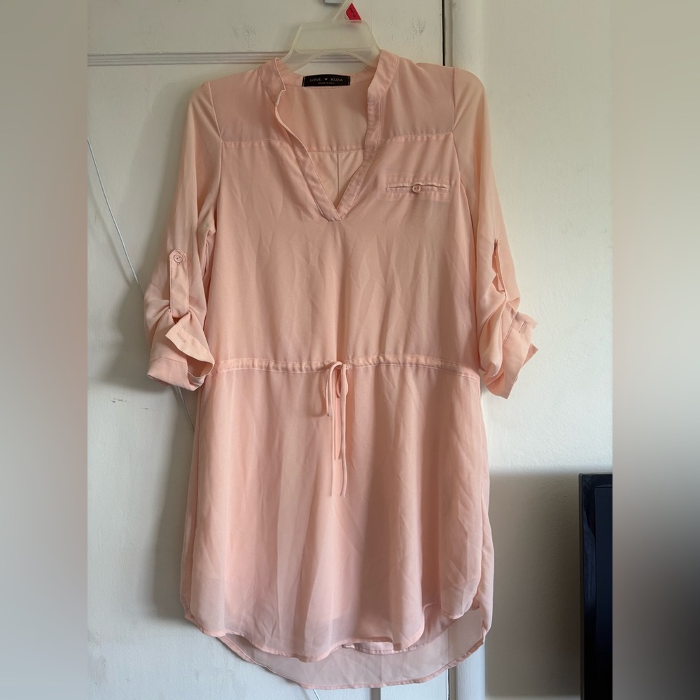 Blush Pink Women's Dress with Roll-Up Sleeves